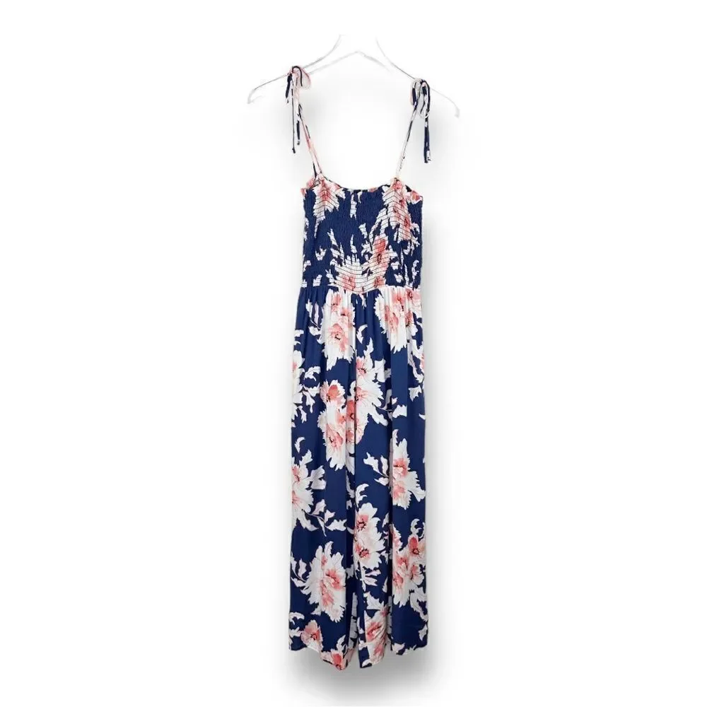 Aqua Smocked Top Blue‎ Floral Wide Cropped Leg Jumpsuit M - Picture 3 of 12